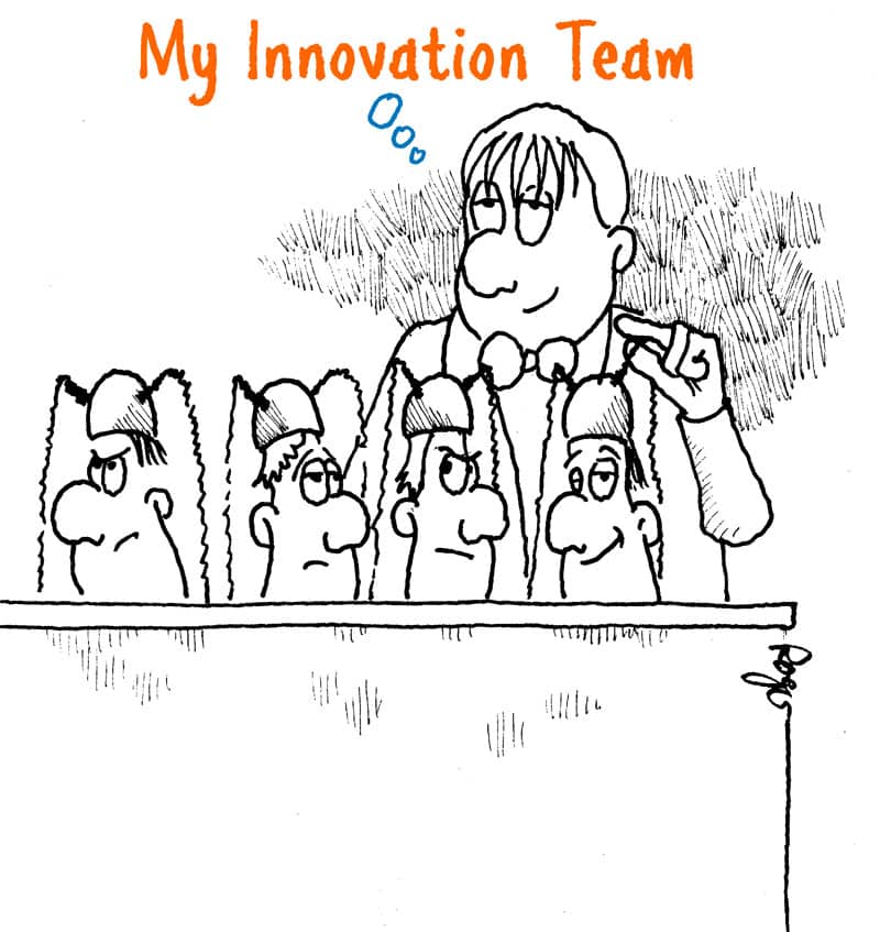 The picture shows a cartoon about innovation. A man proudly shows his innovation team.